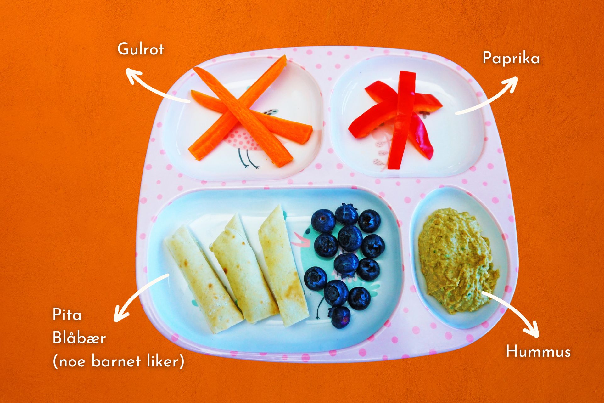 Barnevennlig hummus board med pita og grønnsaker