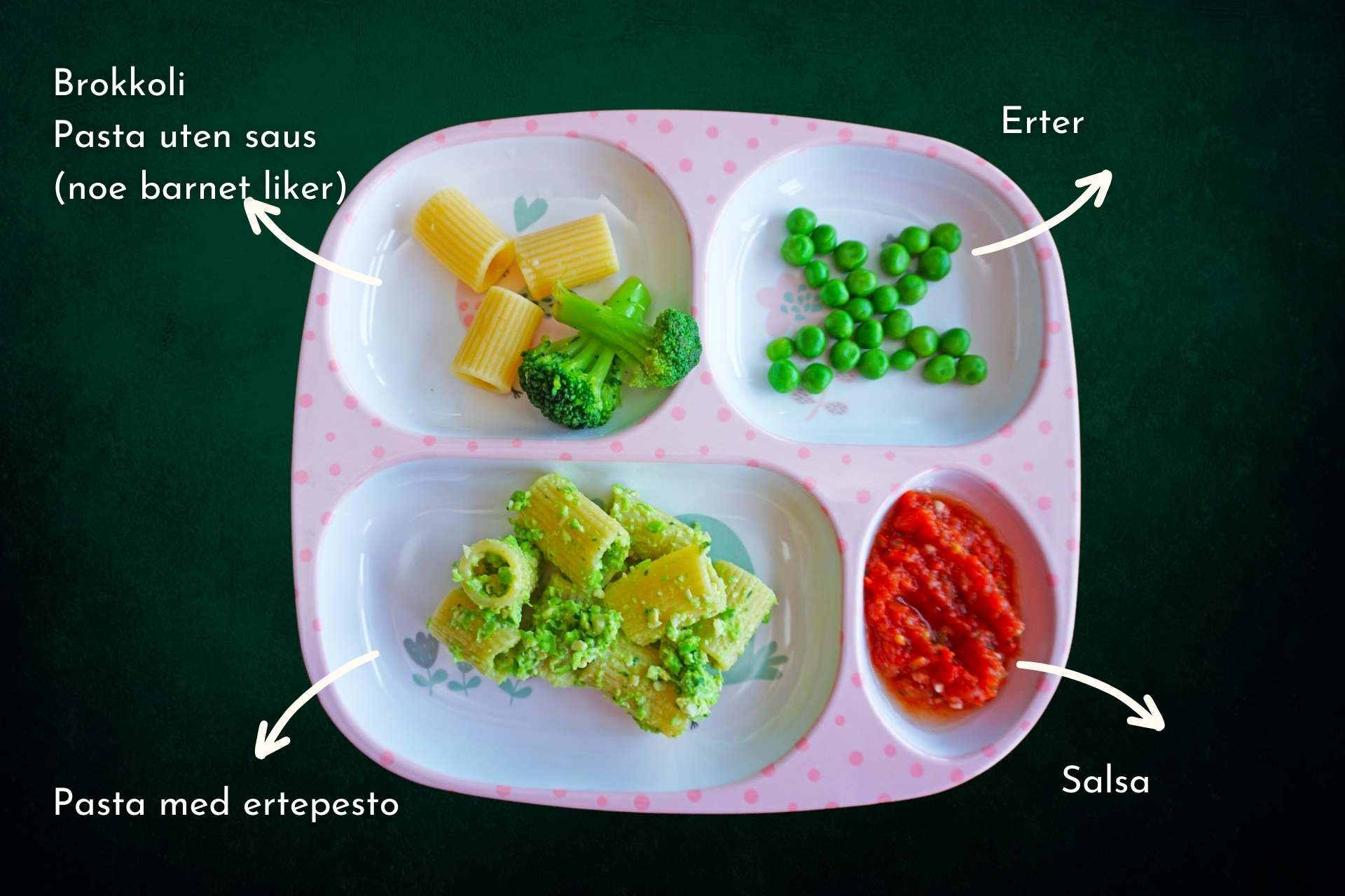 Barnevennlig Pasta primavera med ertepesto og salsa