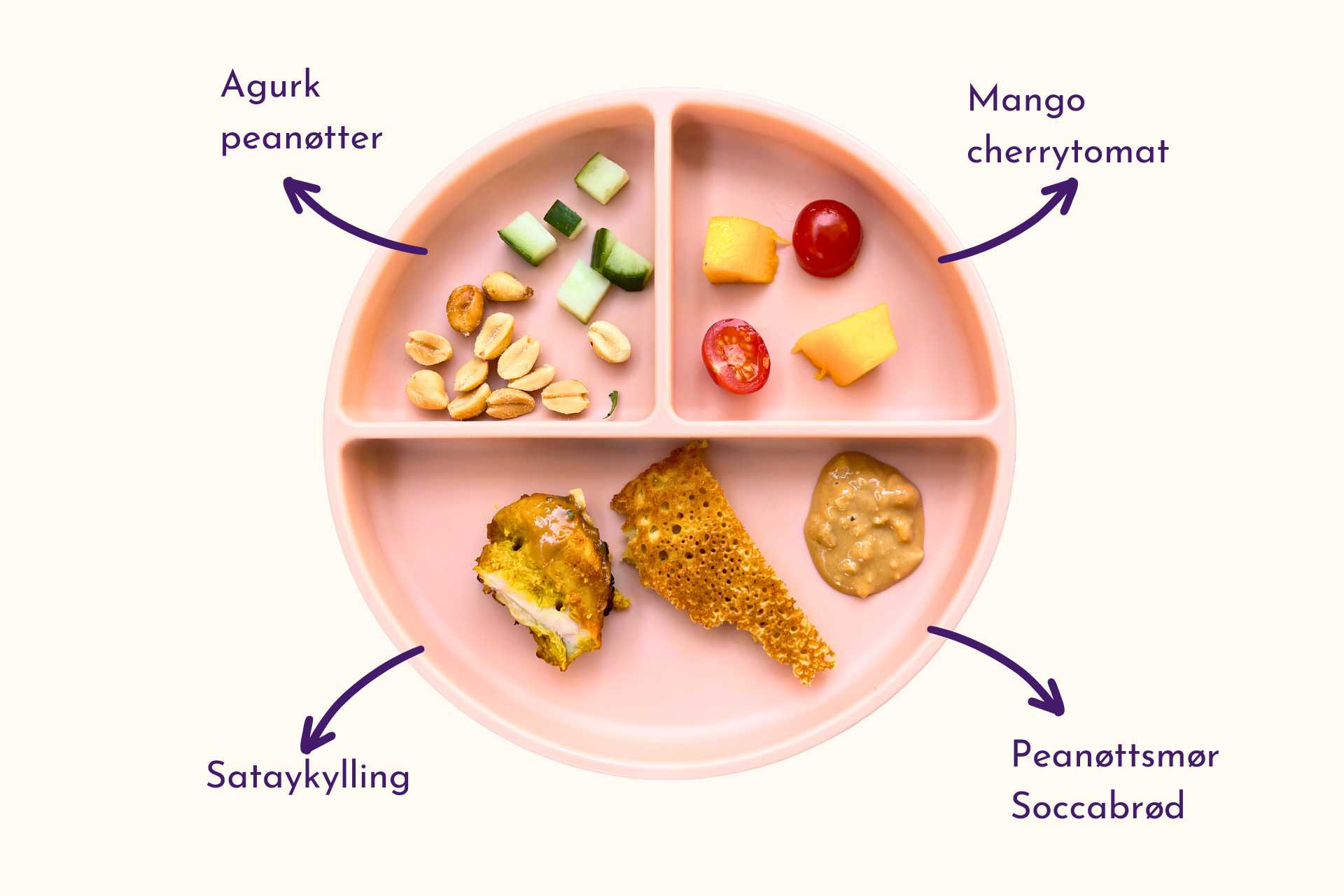 Barnevennlig Satay kyllingspyd med peanøttsaus, kachumbersalat og soccabrød