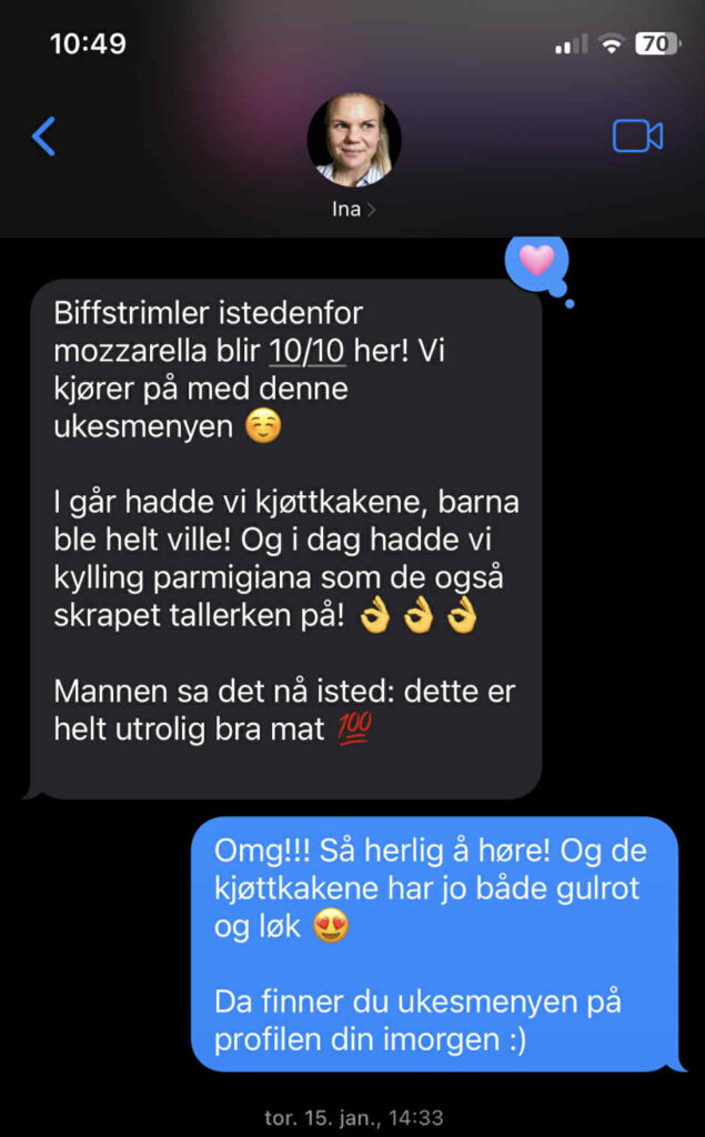 Tilbakemelding fra Ina om Smud Middagshjelp